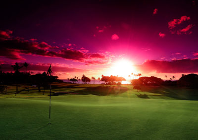red sunset over hawaii golf course